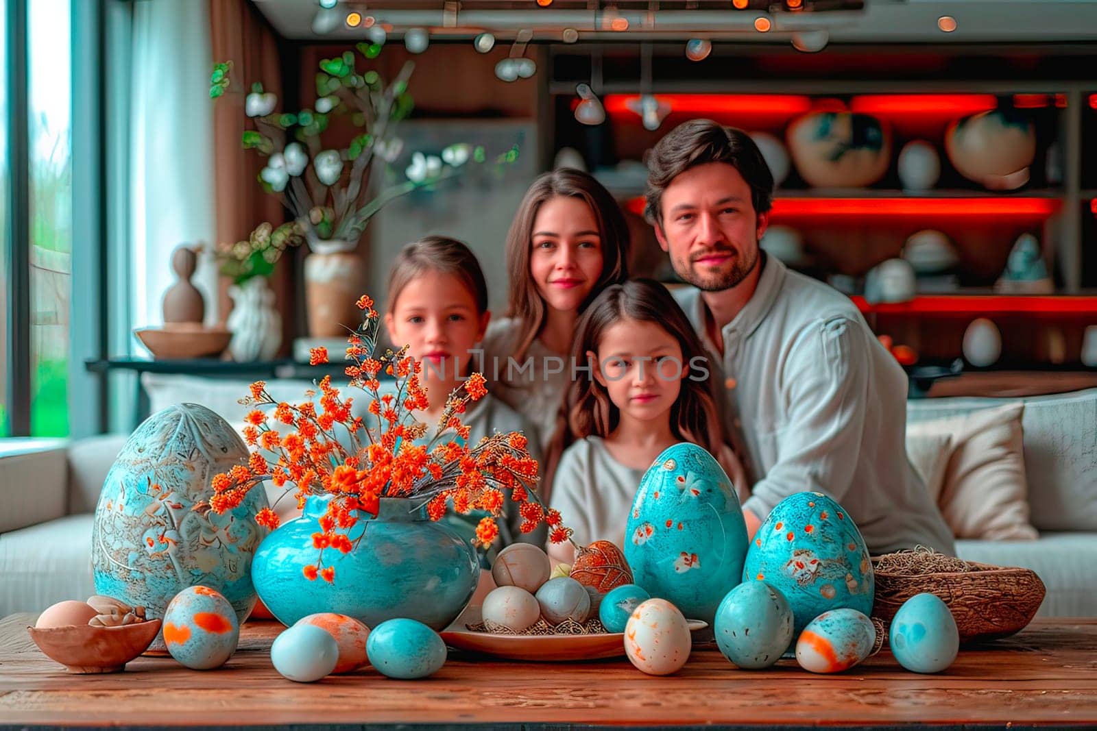 Easter eggs painted in shades of blue lie on a table in the living room. Next to them stands a vase in matching colours. Behind the table sits a contented family of four.