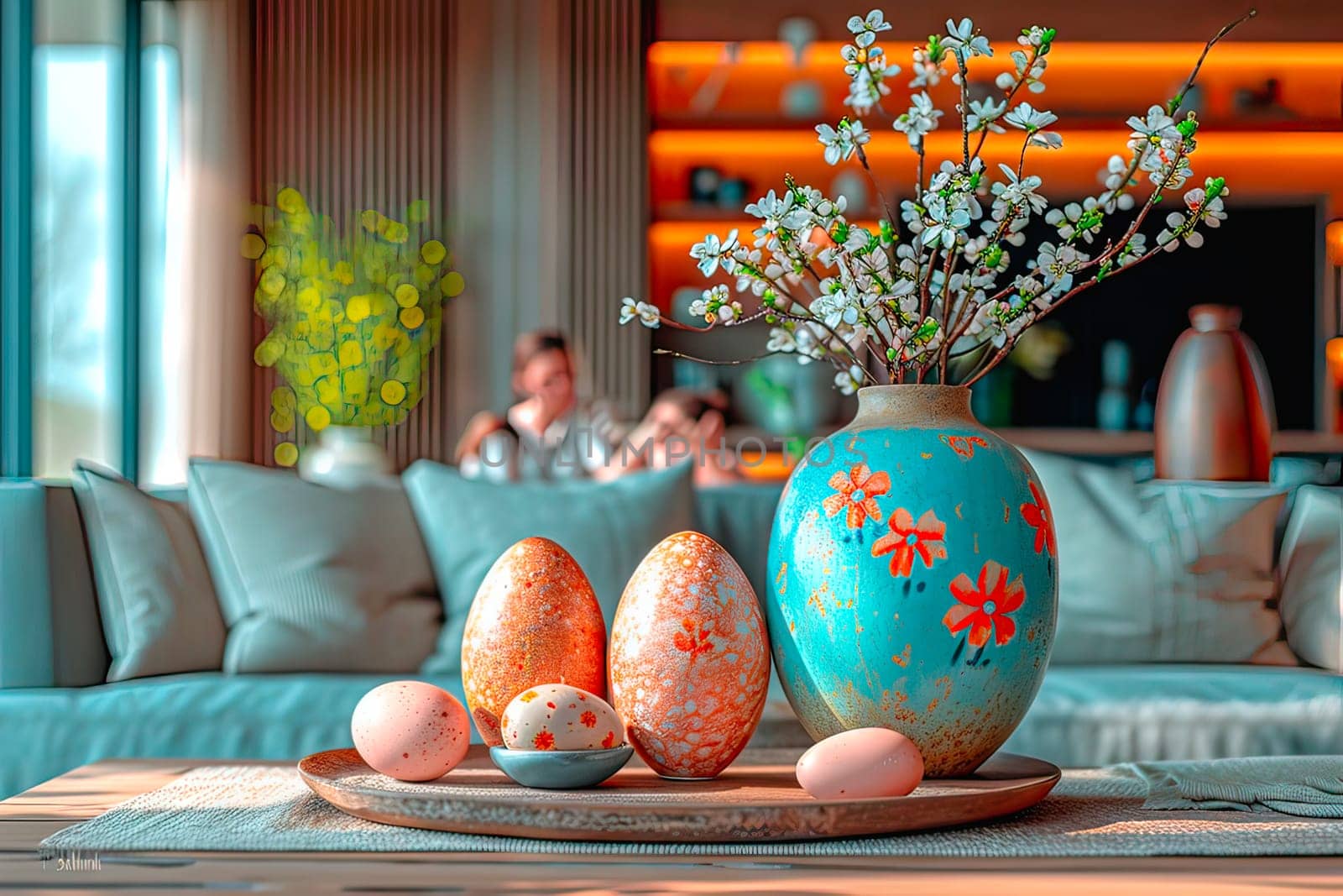 Twigs from a flowering spring tree stand in a blue vase. Easter eggs in various colours and sizes are also on the table. A grey couch with cushions can be seen in the background.