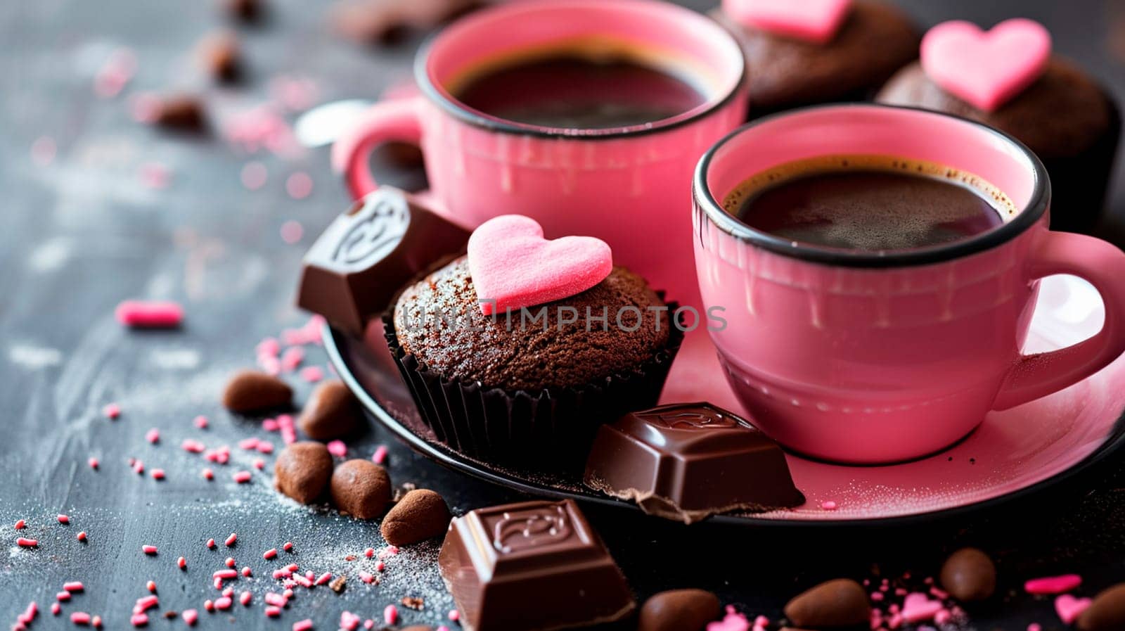 Pink and black cup of coffee with hearts on the table for Valentine's Day. Selective focus. Drink.