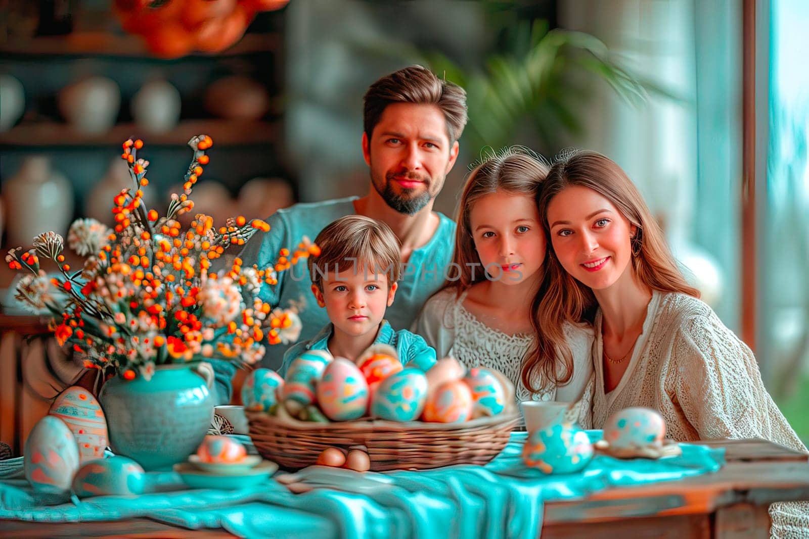 A family of four sits around a table full of Easter eggs. On the table are flowers in a vase and lots of colourful eggs in a basket.