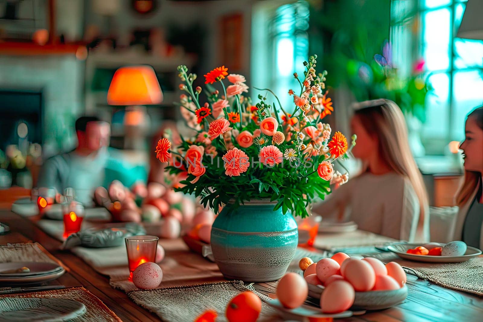 The table is set with flowers in a vase, dishes and burning candles. In the background, blurred figures of people sitting at the table can be seen.