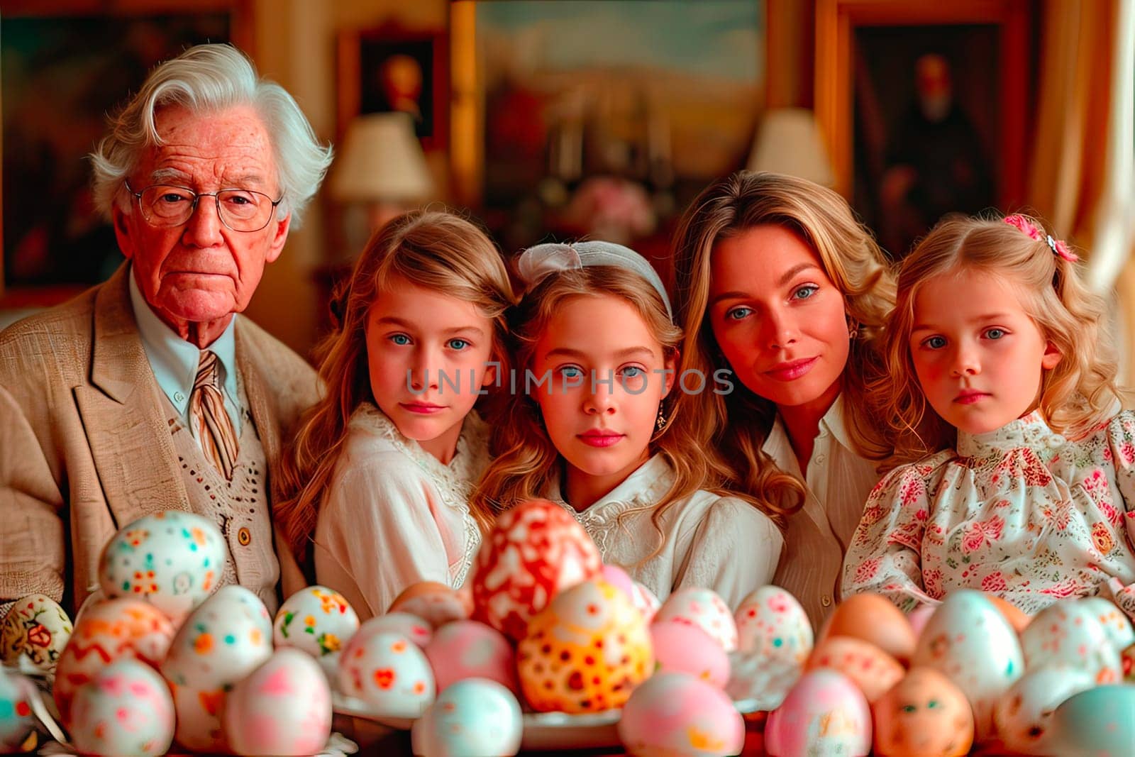 The family sits around the table. The table is set with lots of colourful Easter eggs. Sitting at the table are two girls, a woman and an older man. In the background you can see blurred paintings hanging on the walls.