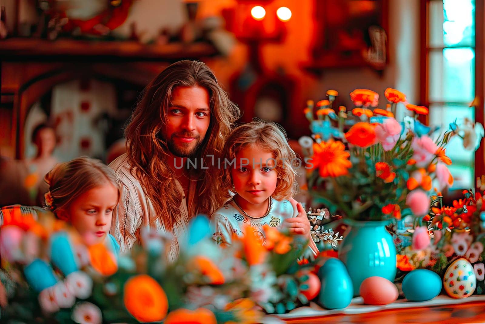 In the foreground, you can see flowers in vases and numerous Easter eggs. A father and two daughters sit in the background. They are celebrating Easter together.