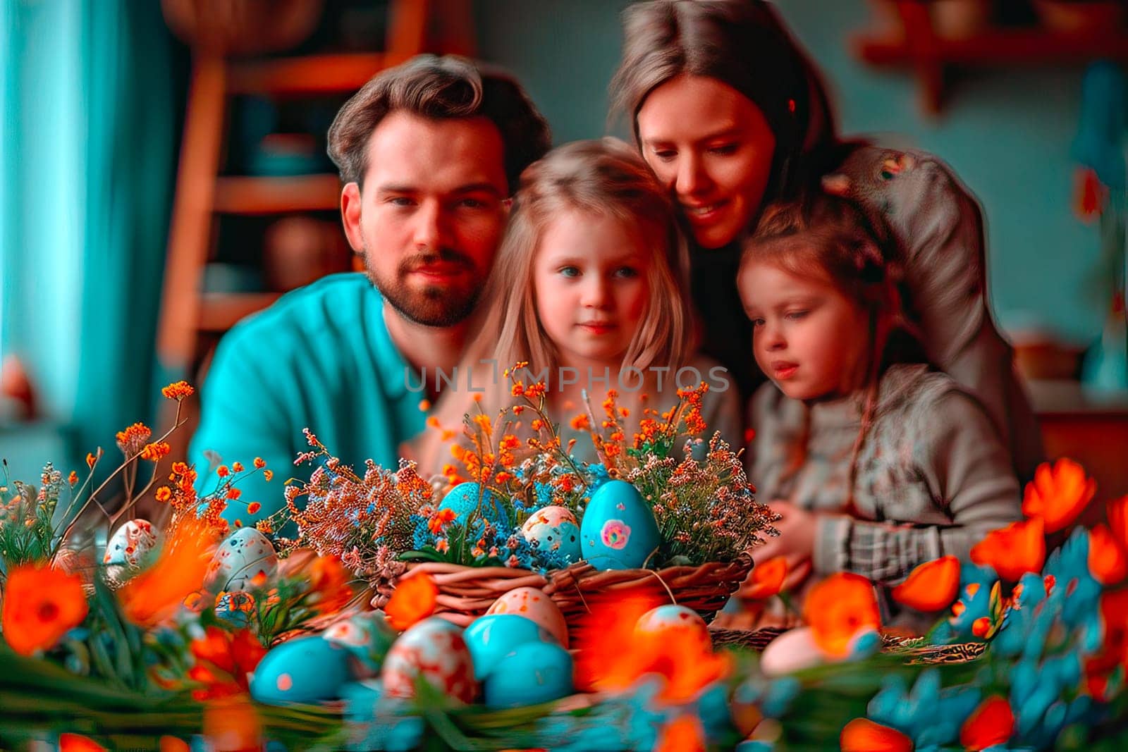The family poses for a photo. In the foreground are several Easter centrepieces with Easter eggs and flowers. The family visible in the background is out of focus.
