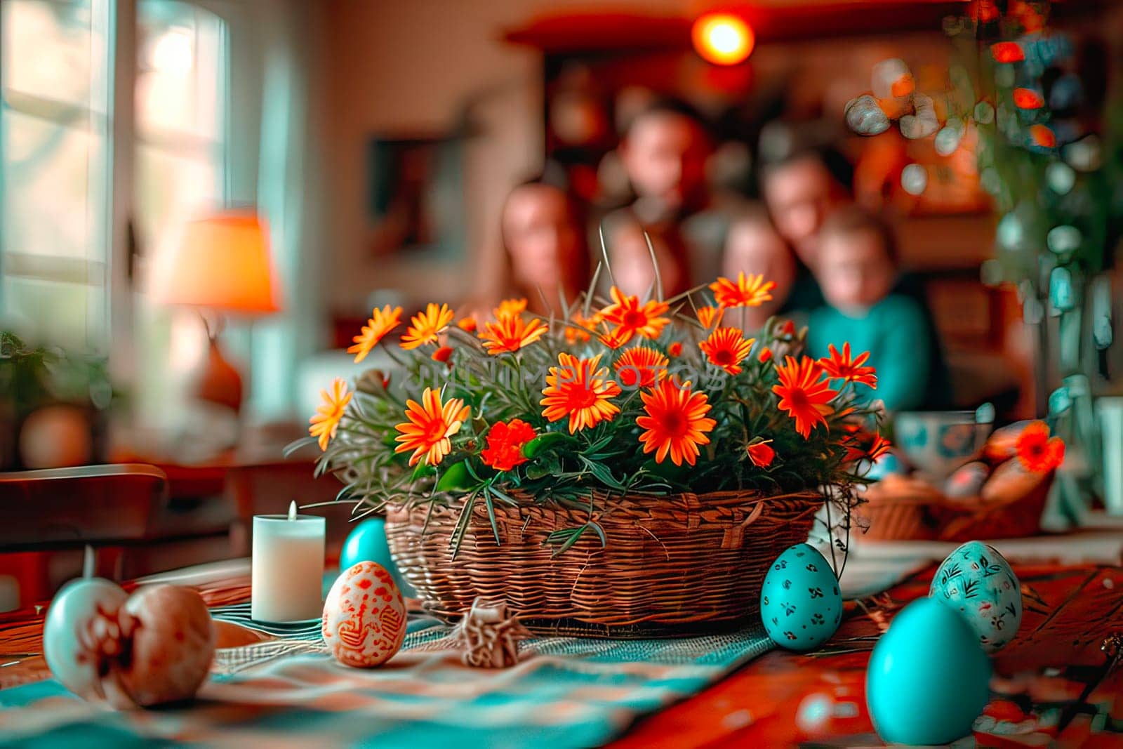 A wicker basket filled with orange flowers stands on a table in the room. Around the basket stand colourful Easter eggs. In the background you can see the blurred figures of several people standing side by side.