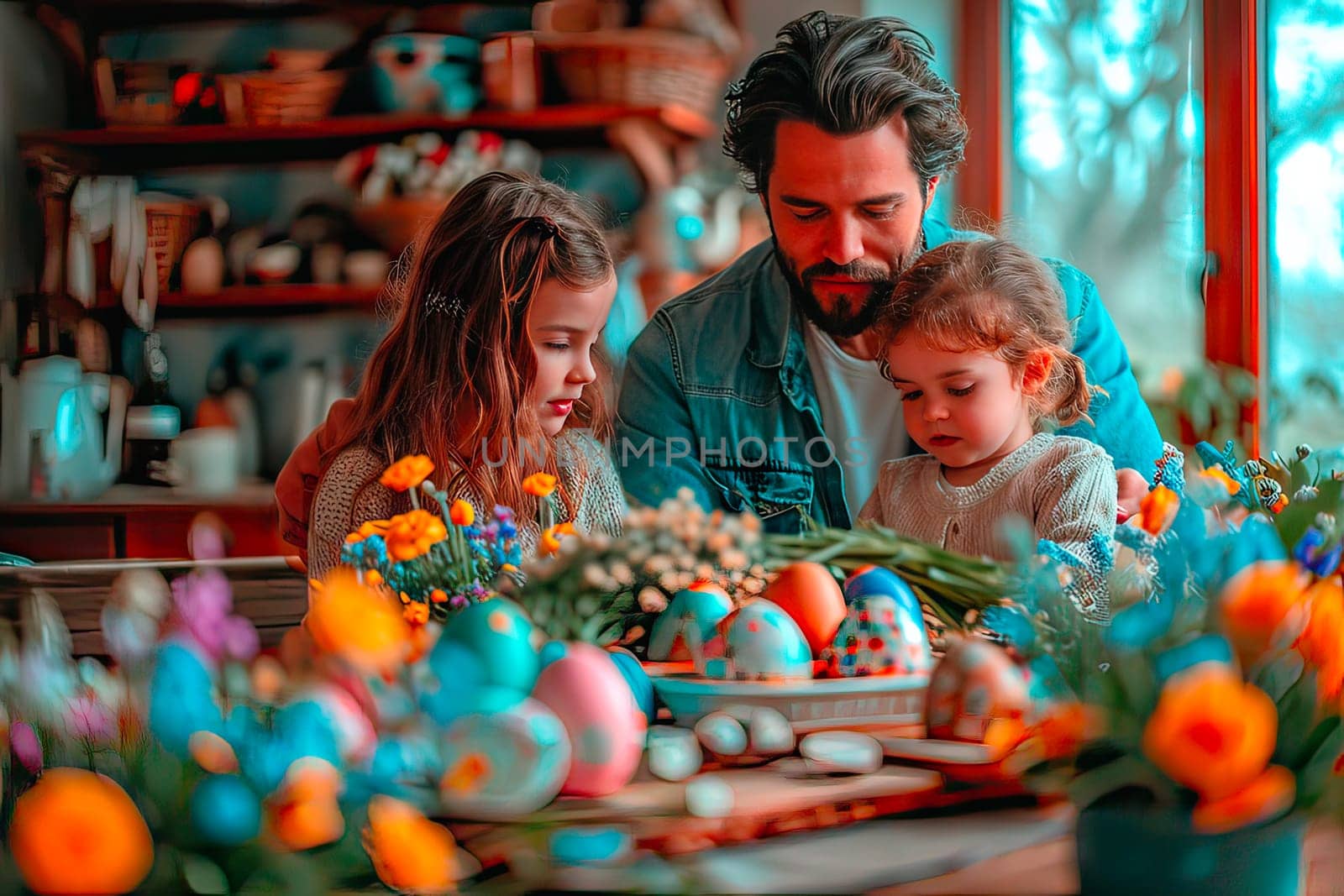 A father and his two daughters are sitting at a table. On the table are dishes with dyed eggs and lots of flowers. The family is painting Easter eggs.