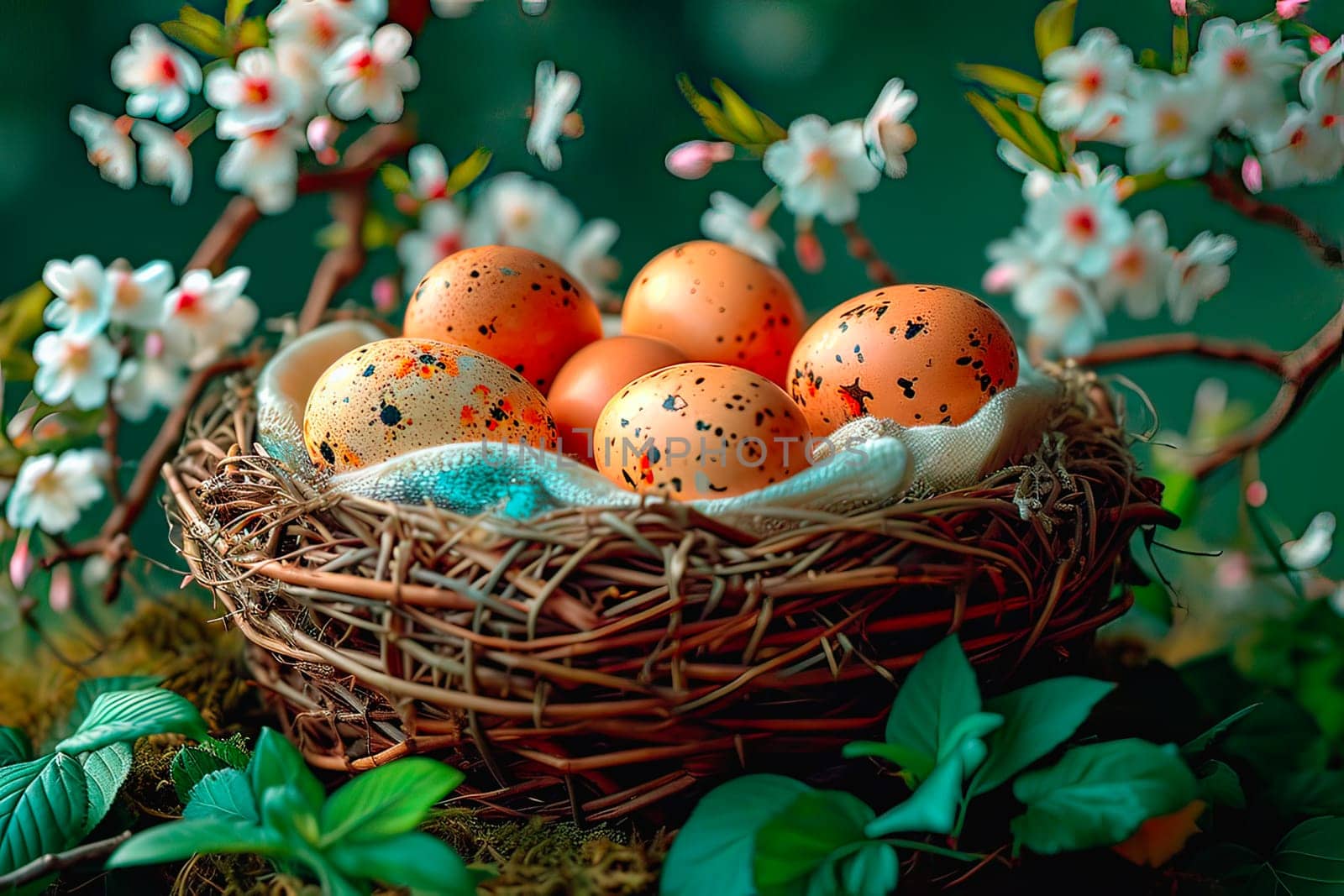 Close-up of a wicker basket standing on the grass. In the basket are hen's eggs covered in mottles. From above hang the branches of a flowering spring tree.