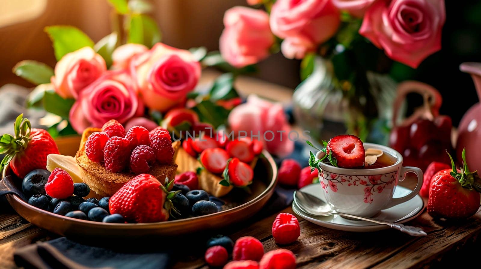 Beautiful breakfast with flowers for Valentine's Day. Selective focus. Food.