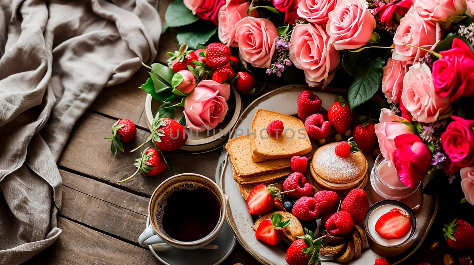 Beautiful breakfast with flowers for Valentine's Day. Selective focus. Food.