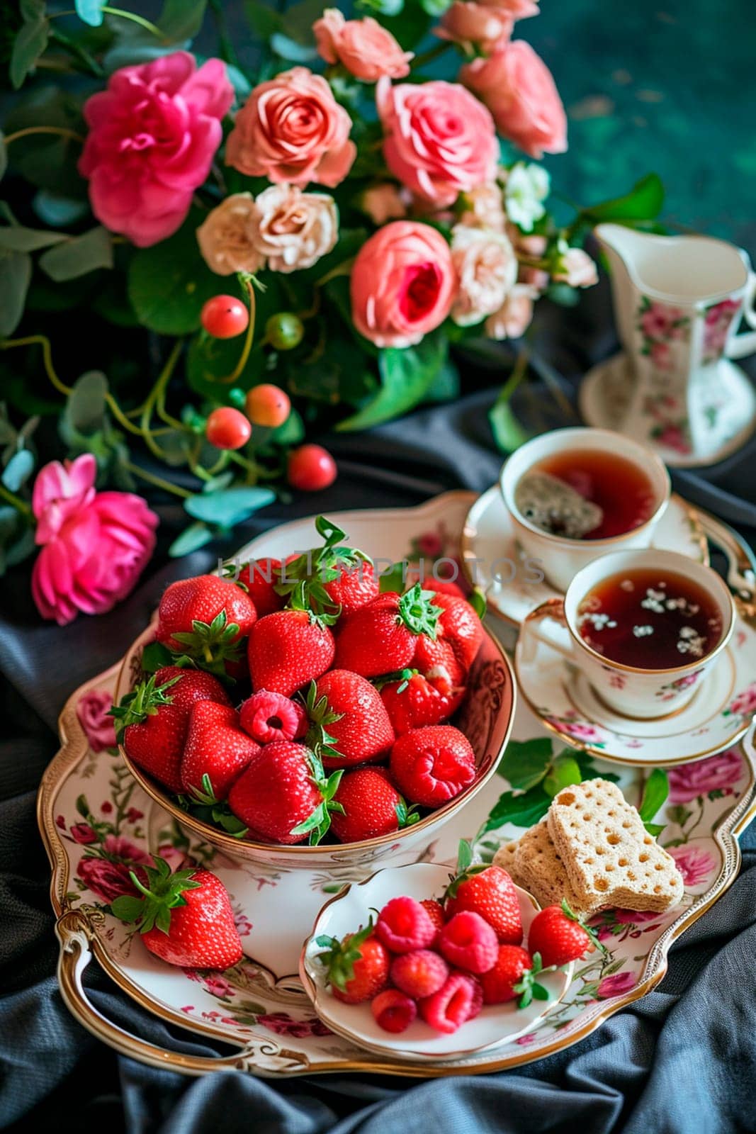 Beautiful breakfast with flowers for Valentine's Day. Selective focus. Food.