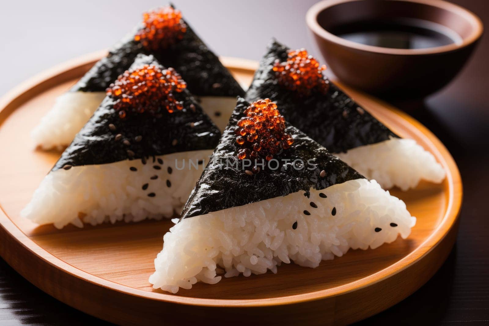 Japanese Onigiri, traditional japanese food, copy space. ai generated