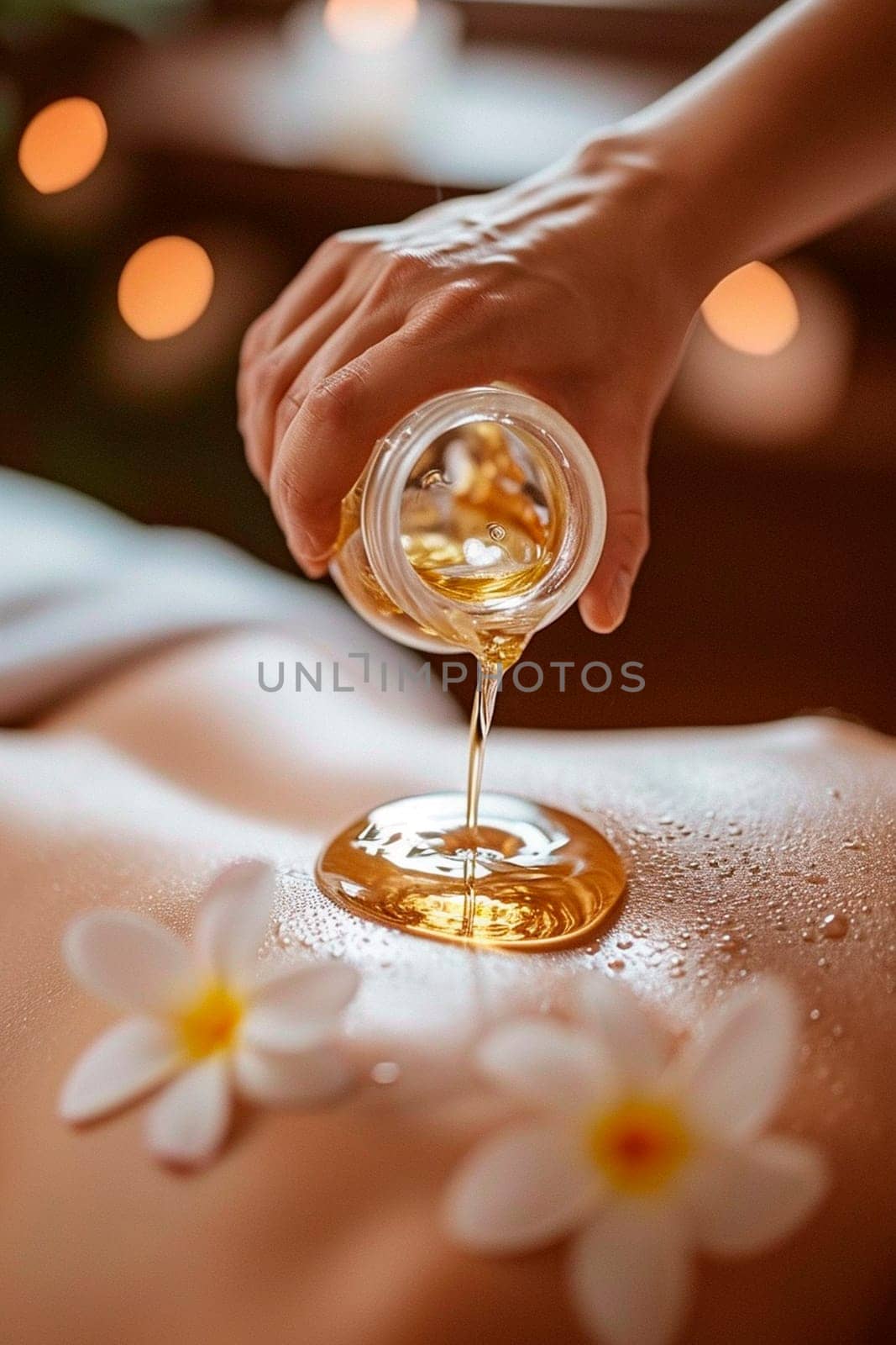 Cosmetic oil in a spa salon on a woman's back. Selective focus. People.