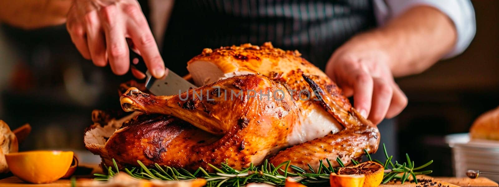Cutting turkey with a knife on the table. Selective focus. by yanadjana