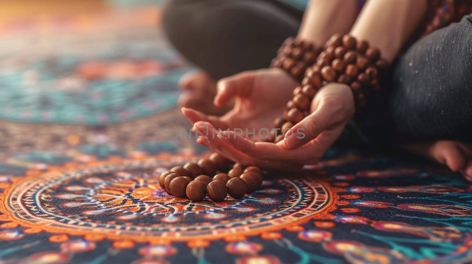 Yoga Buddhist woman with rosary in hands. Selective focus. People.