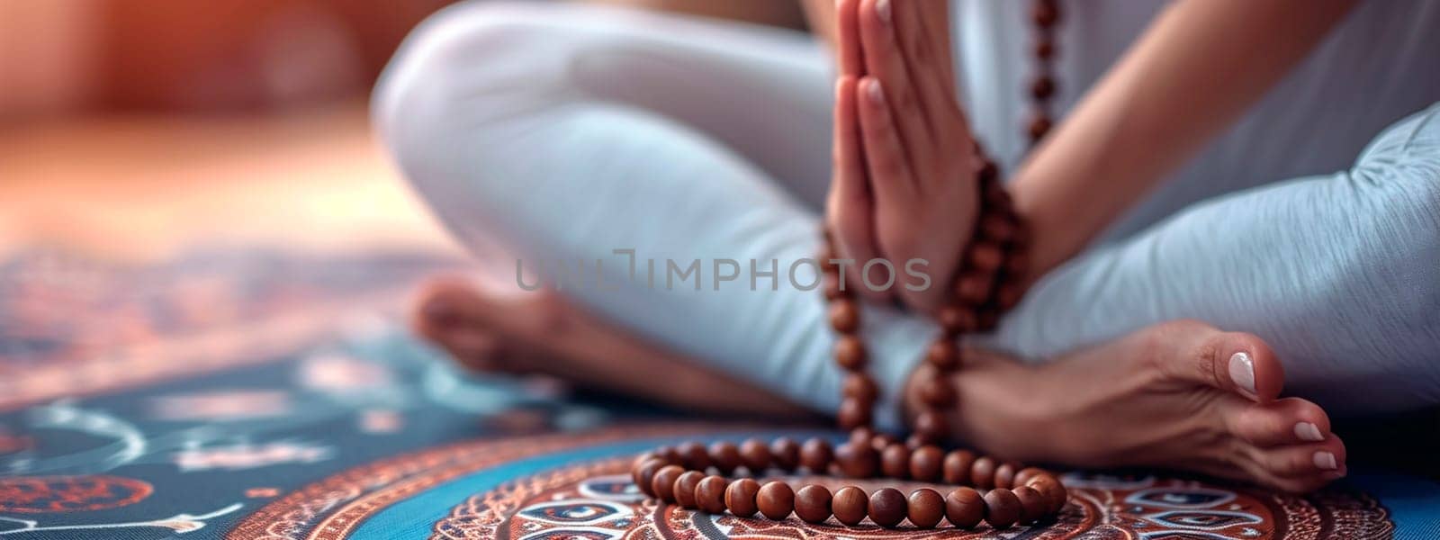 Yoga Buddhist woman with rosary in hands. Selective focus. People.
