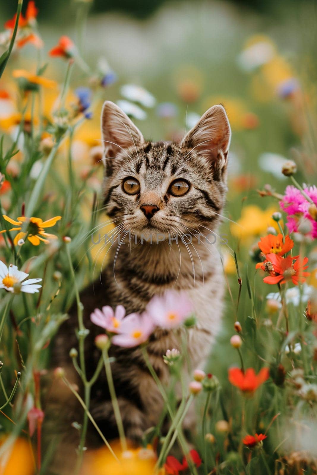 cat in a flower field. Selective focus. by yanadjana