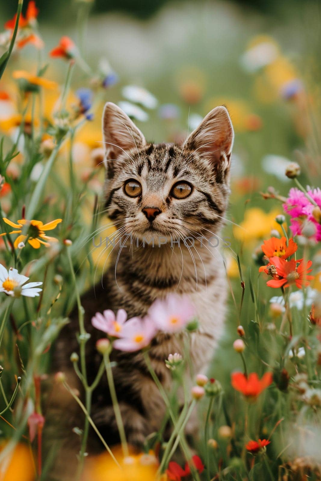 cat in a flower field. Selective focus. animal.