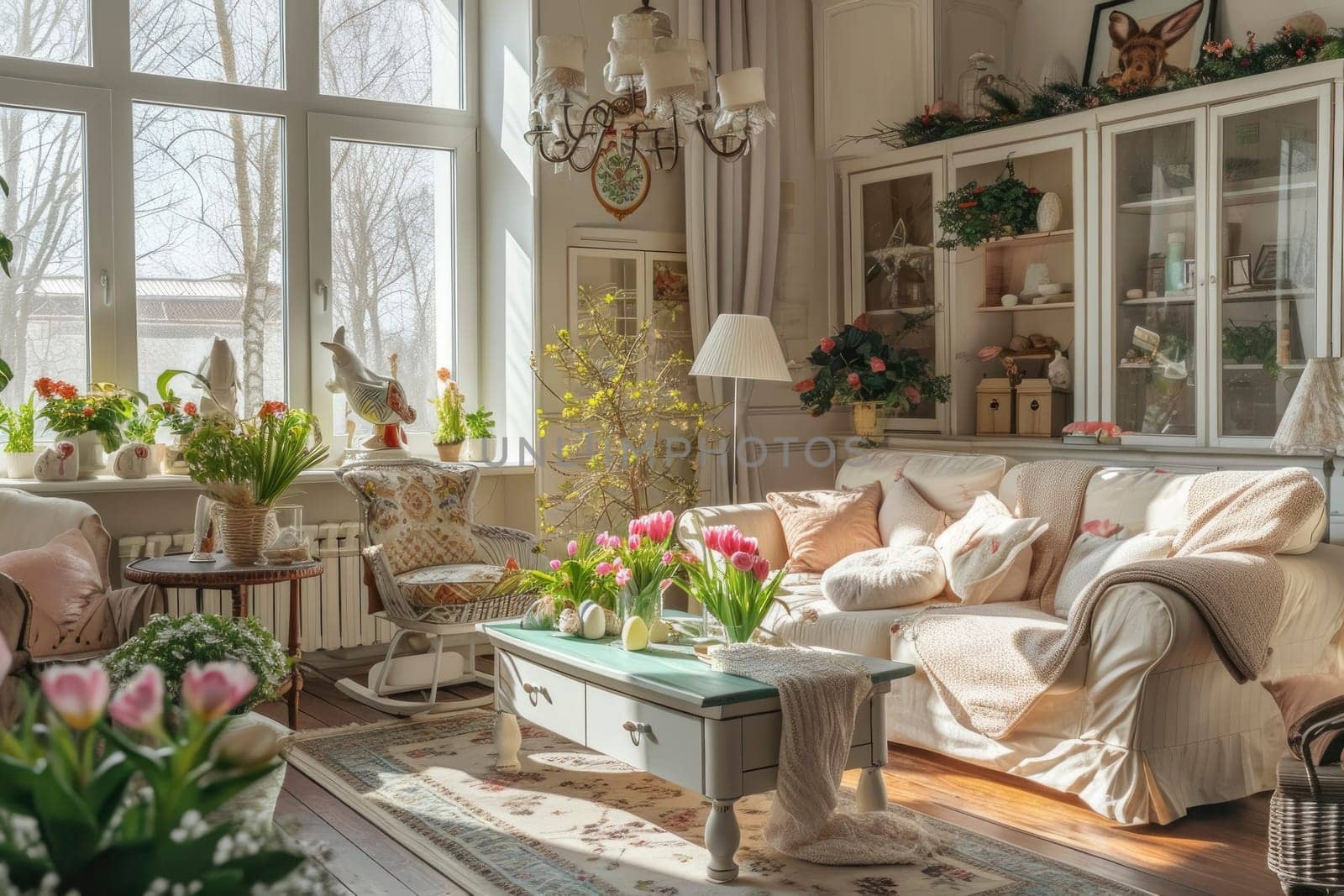 Warm and inviting living room adorned with vibrant flowers and Easter decorations, bathed in natural sunlight from large windows.