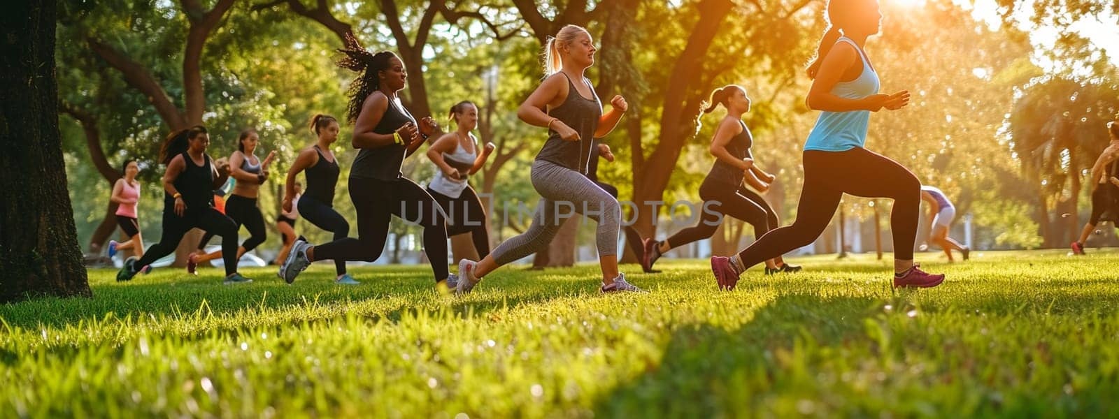 People doing fitness in the park. Selective focus. Nature.