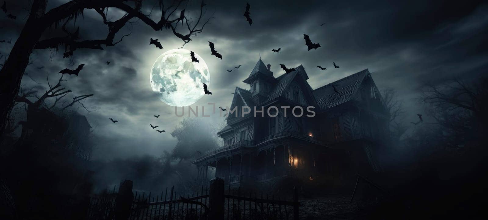 A gothic house surrounded by flying bats under the full moon