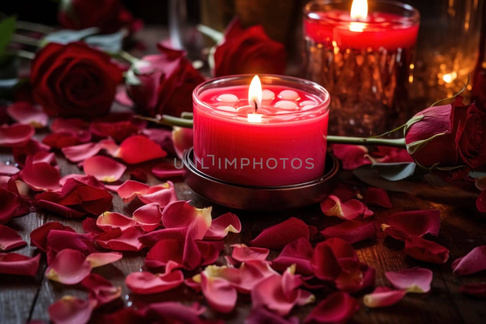 Red rose petals scattered around a burning candle, with a warm light in a cozy, romantic setting.