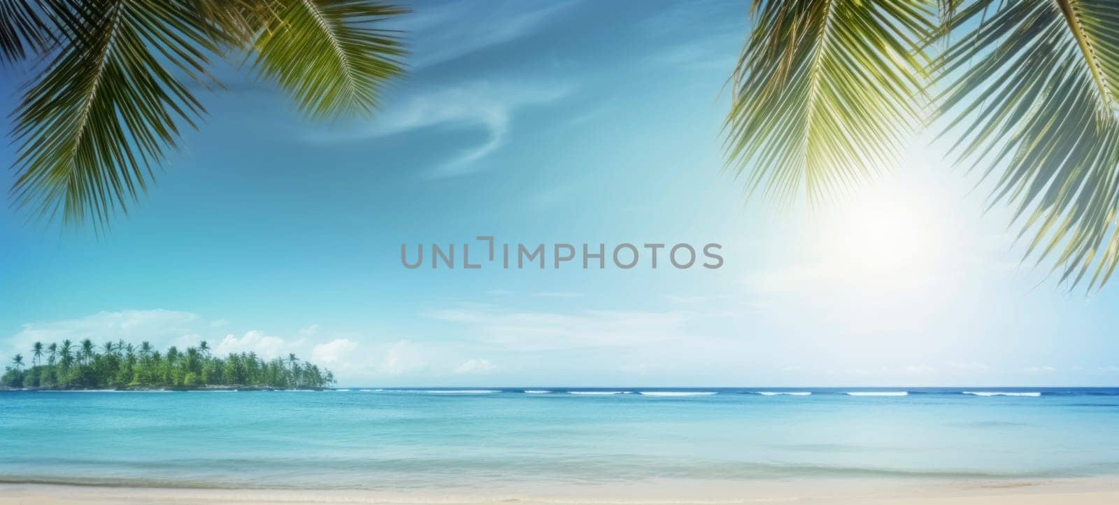 Tranquil sandy beach scene with palm trees gently swaying, clear blue water, and a calm ocean horizon under a soft blue sky.