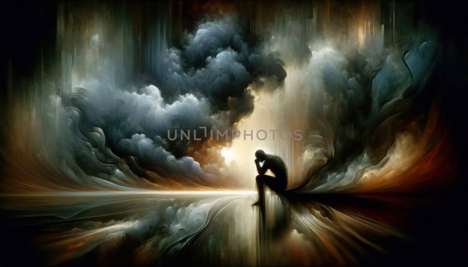 A somber image capturing the essence of depression through abstract symbolism, conveying emotional burden