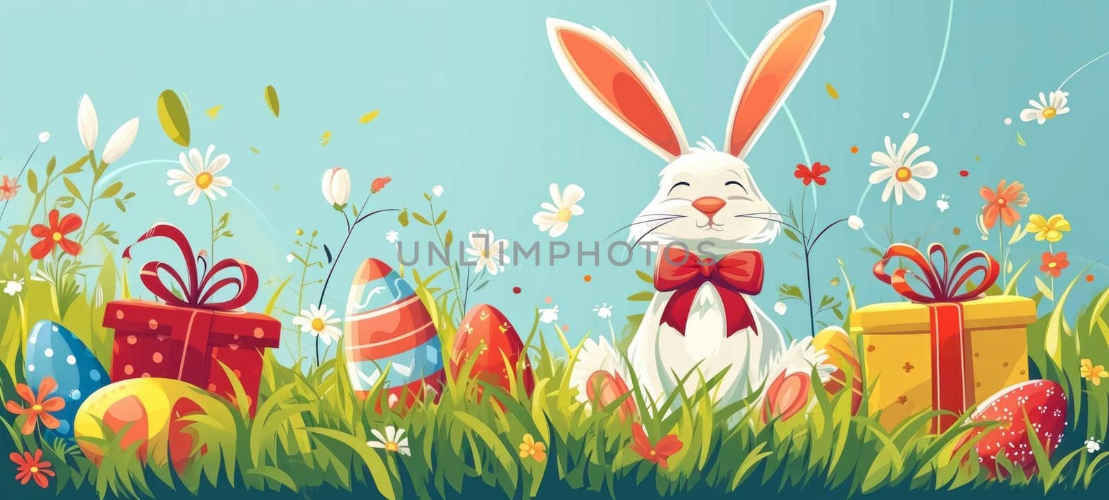 A charming cartoon Easter bunny sits among spring flowers and vibrant eggs, symbolizing the festive joy of the Easter season.