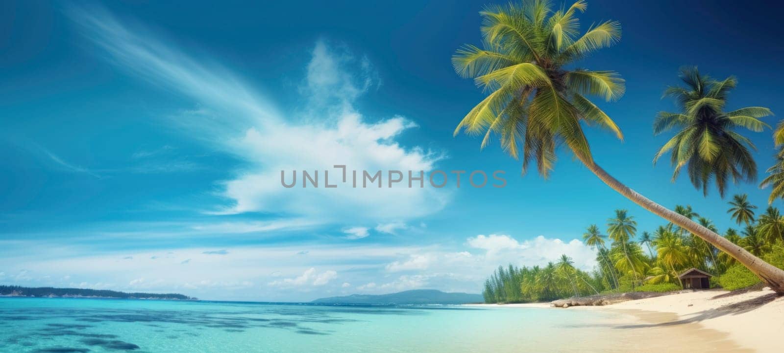 Panoramic view of a picturesque tropical beach with swaying palm trees, a thatched hut, and clear turquoise waters under a blue sky.