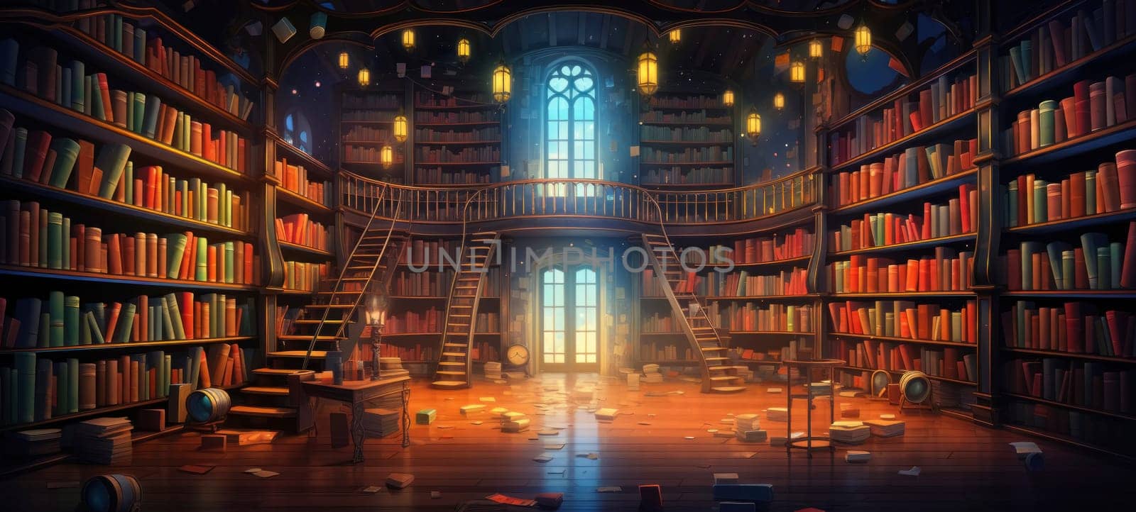 A mystical library interior with books, lanterns, and a grand staircase, evoking a sense of adventure and discovery.