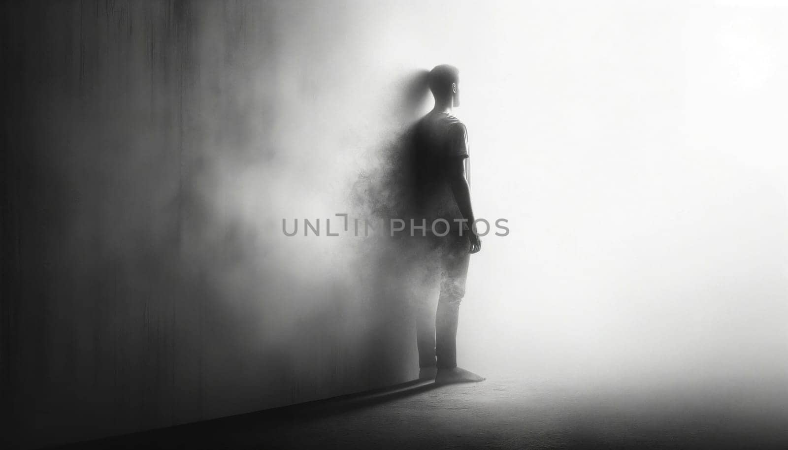 Back view of a person blending into a foggy background, symbolizing detachment by andreyz