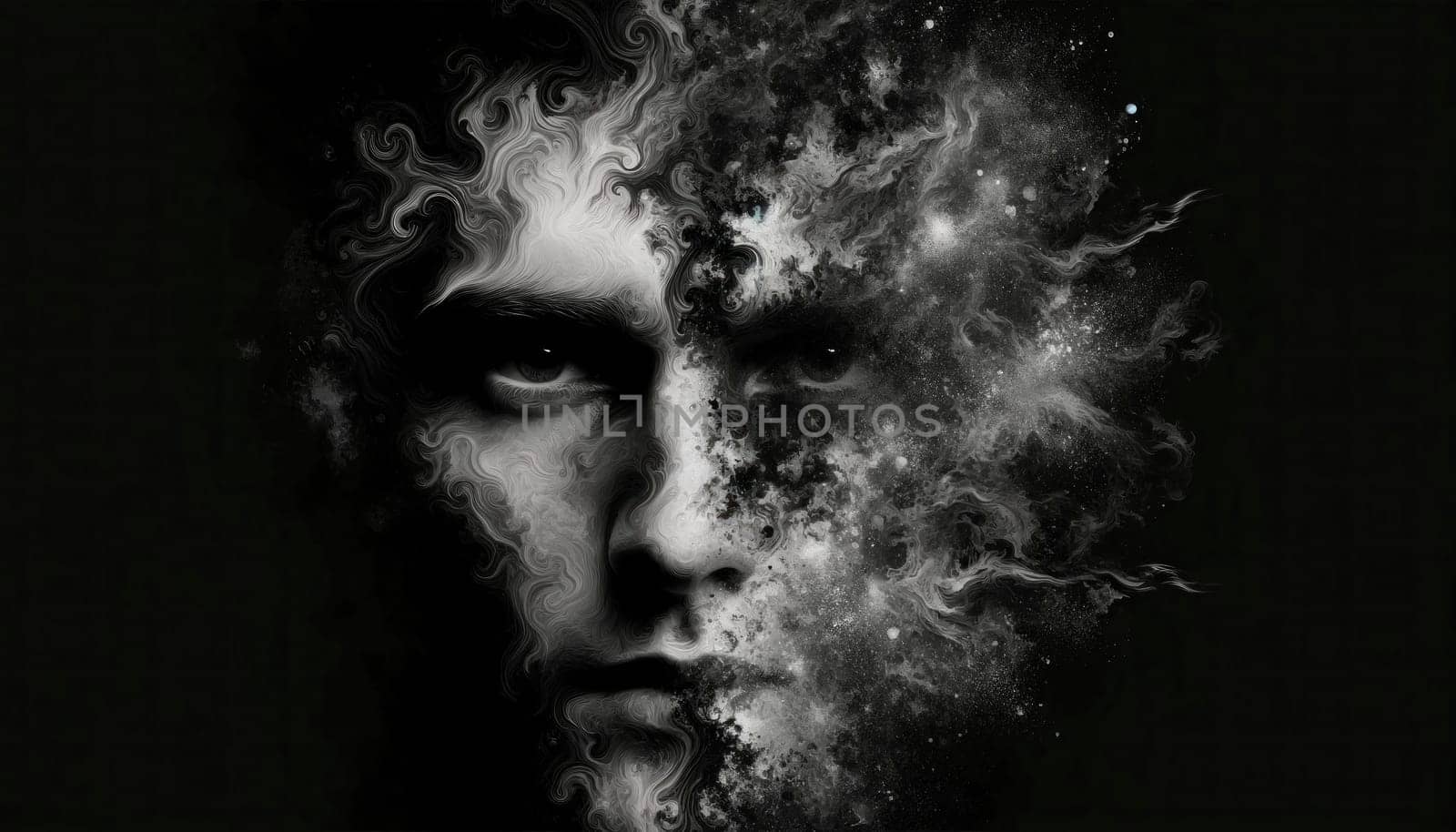 Half of a face dissolves into chaos, depicting inner conflict by andreyz