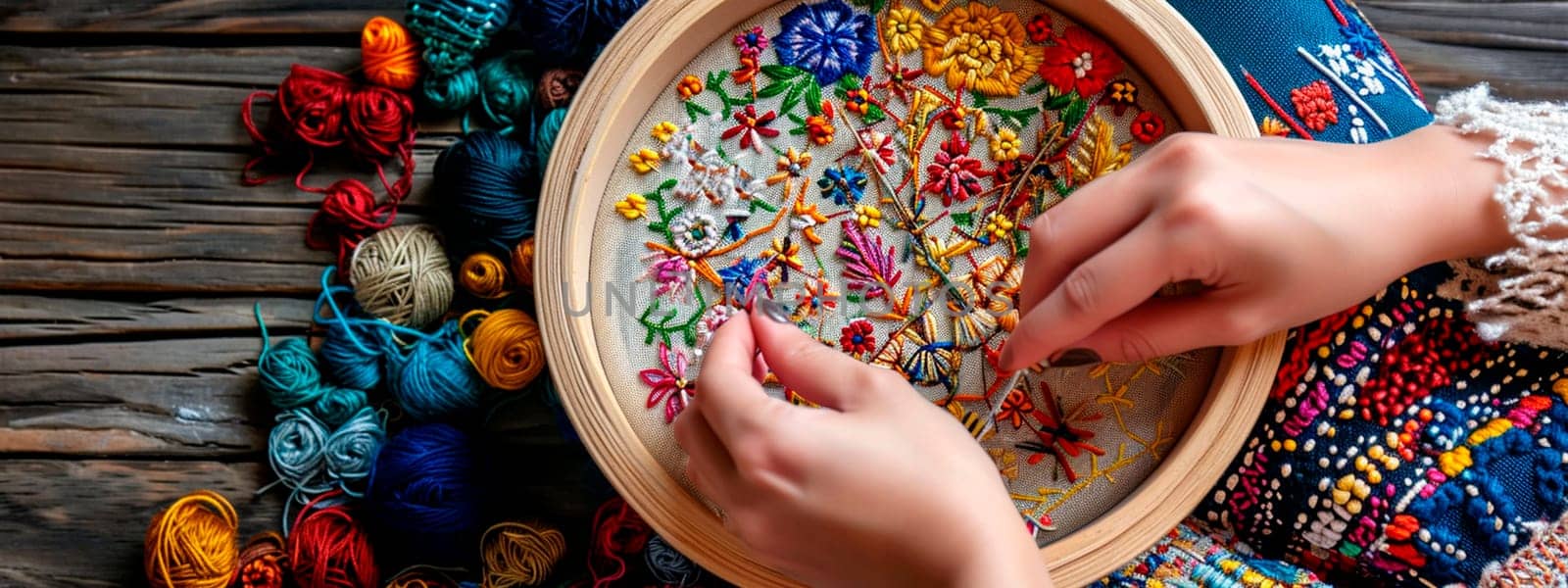 A woman embroiders on fabric with threads. Selective focus. Color.