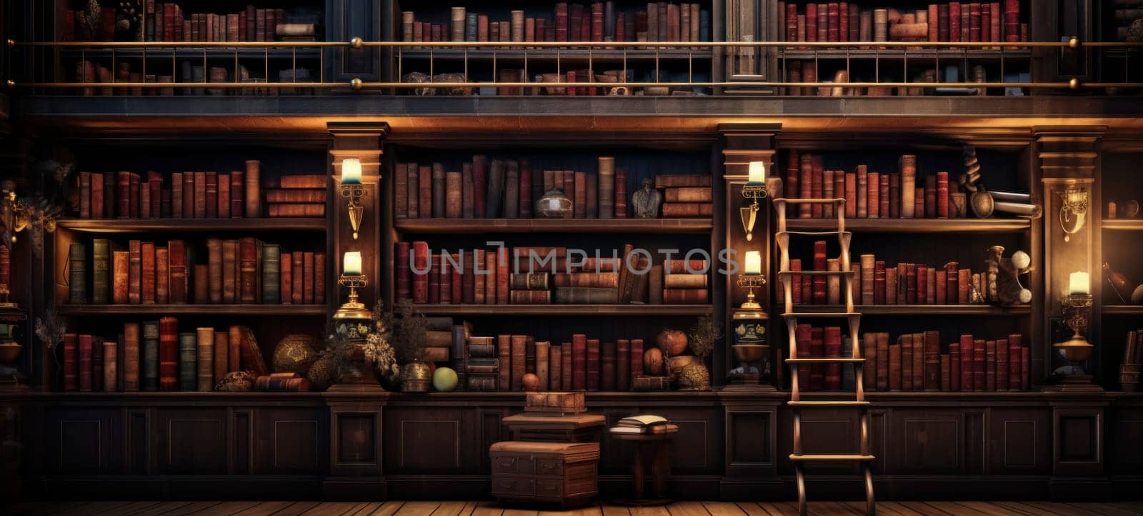 Vintage books on wooden shelves in a classic library setting with warm ambient lighting.