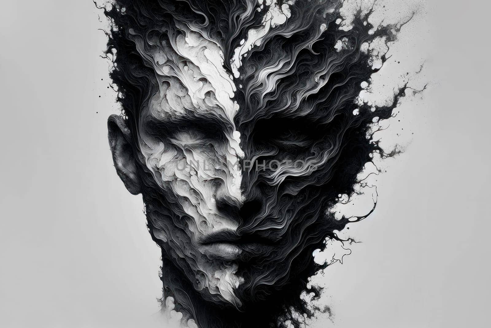 Half-face portrait with dark patterns, showing self-loss by andreyz