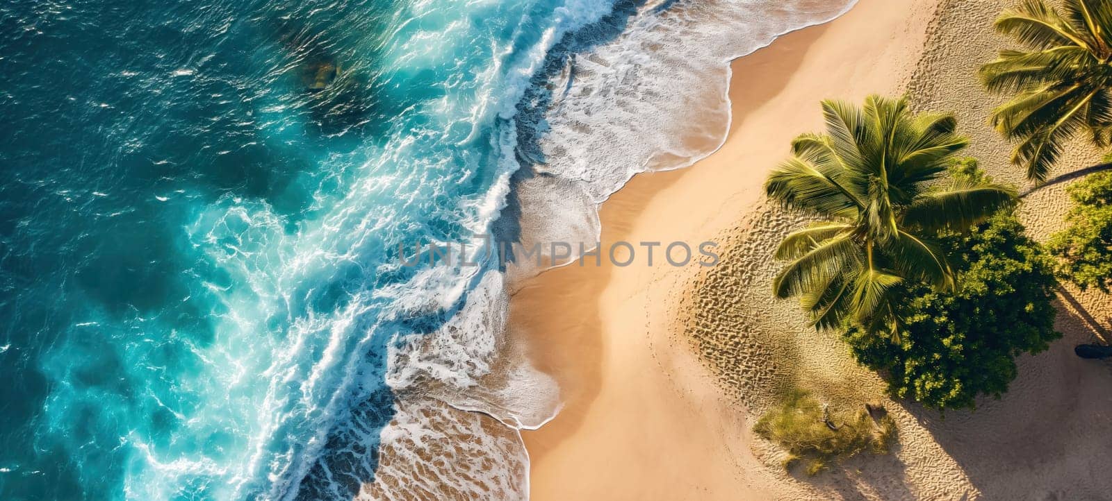 A stunning drone perspective of waves crashing onto a sandy beach with palm trees, highlighting a peaceful tropical scene.