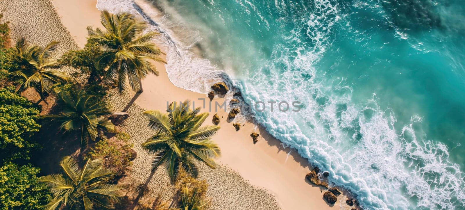 Top-down view of a tropical paradise with lush palm trees, golden sand, and turquoise ocean waves gently lapping the shore.