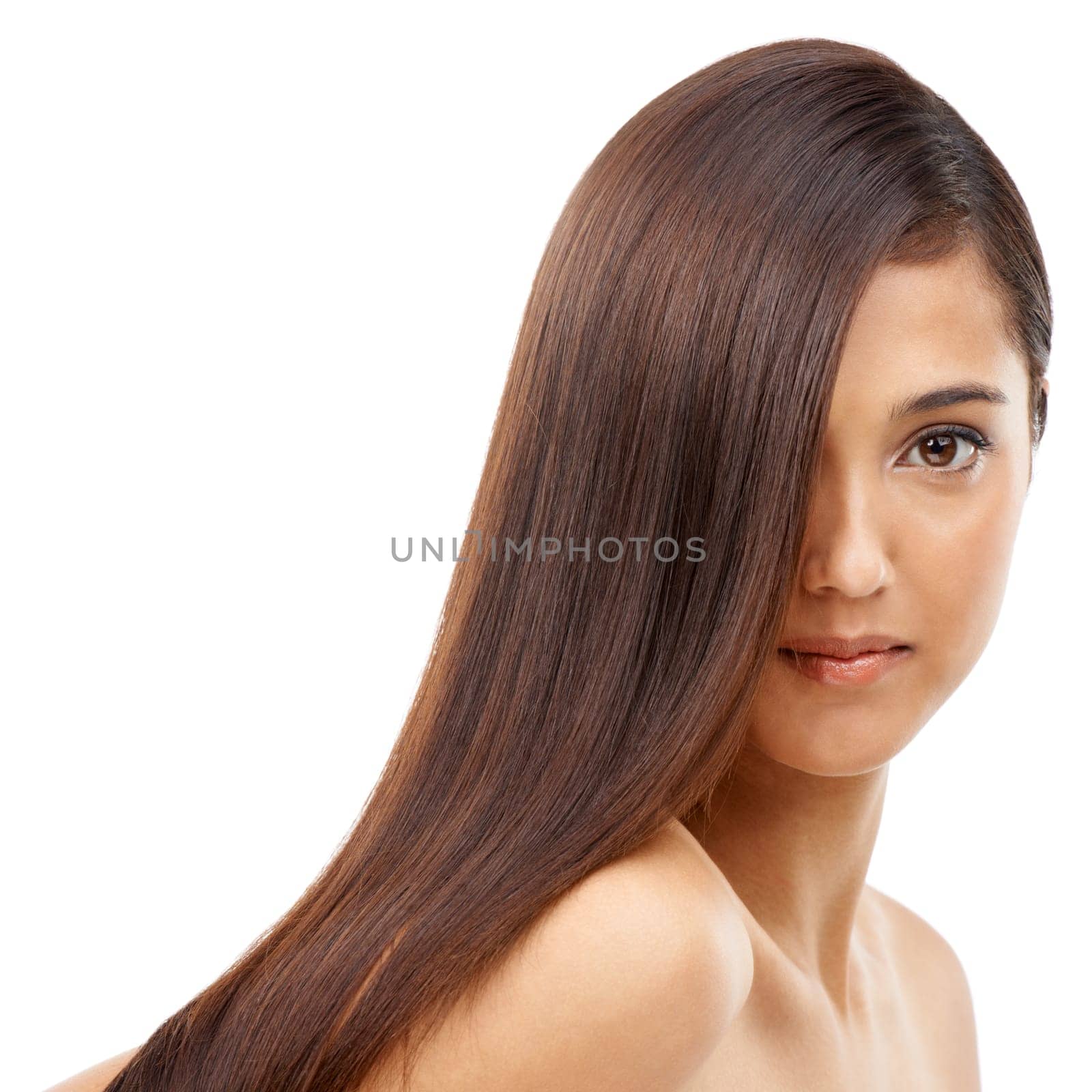 Hair care, cosmetic and young woman in studio for wellness, salon and beauty treatment. Health, confident and portrait of female person with shiny and beautiful hairstyle routine by white background