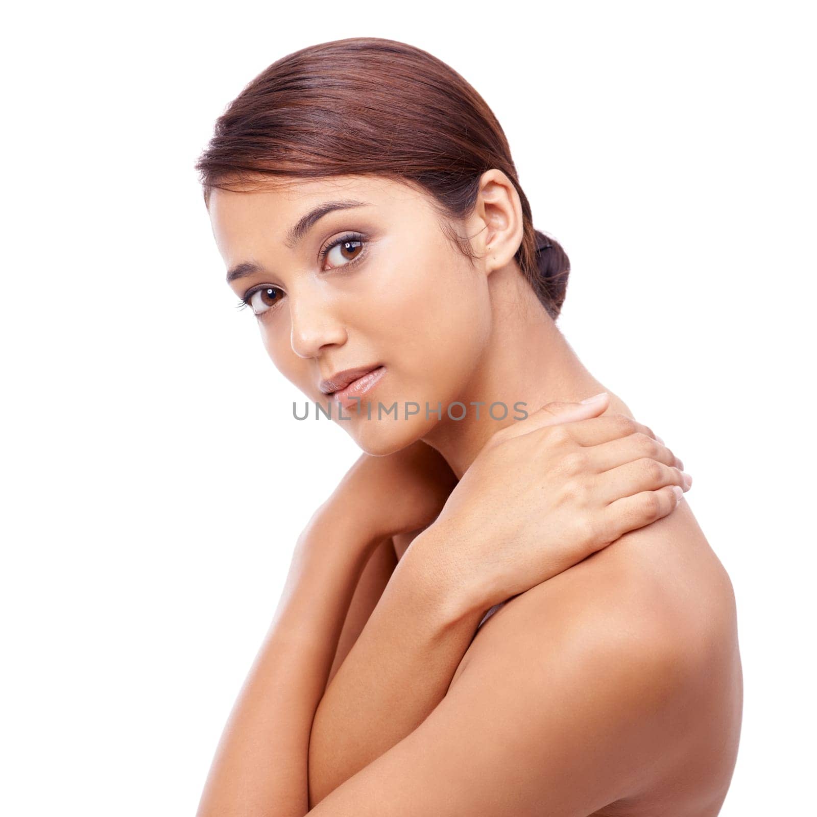 Portrait, shine and woman with skincare, makeup and dermatology isolated on a white studio background. Face, Indian person and model with wellness and clear with healthy skin, smooth and texture by YuriArcurs