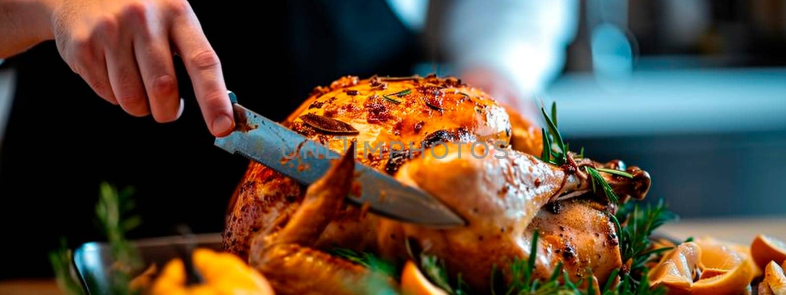 Cutting turkey with a knife on the table. Selective focus. by yanadjana