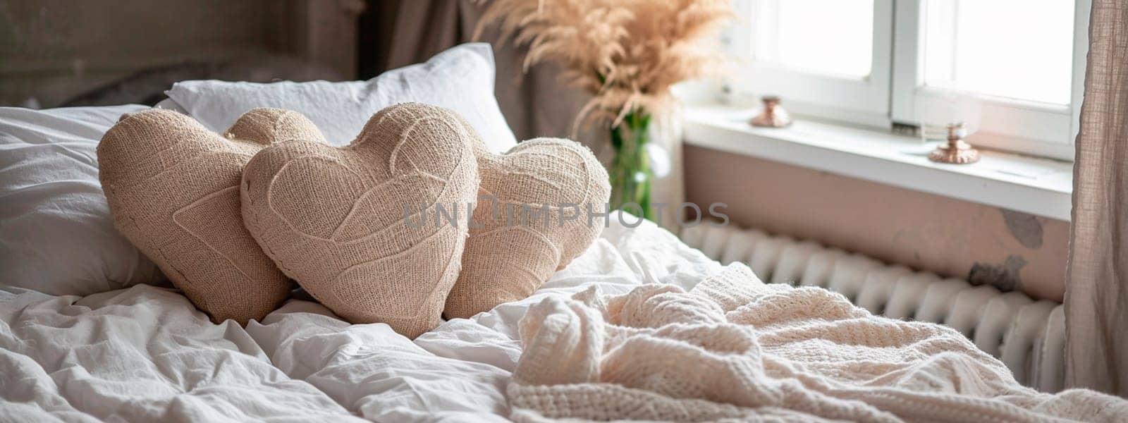 Bridal room pillows in the shape of a heart. Selective focus. by yanadjana