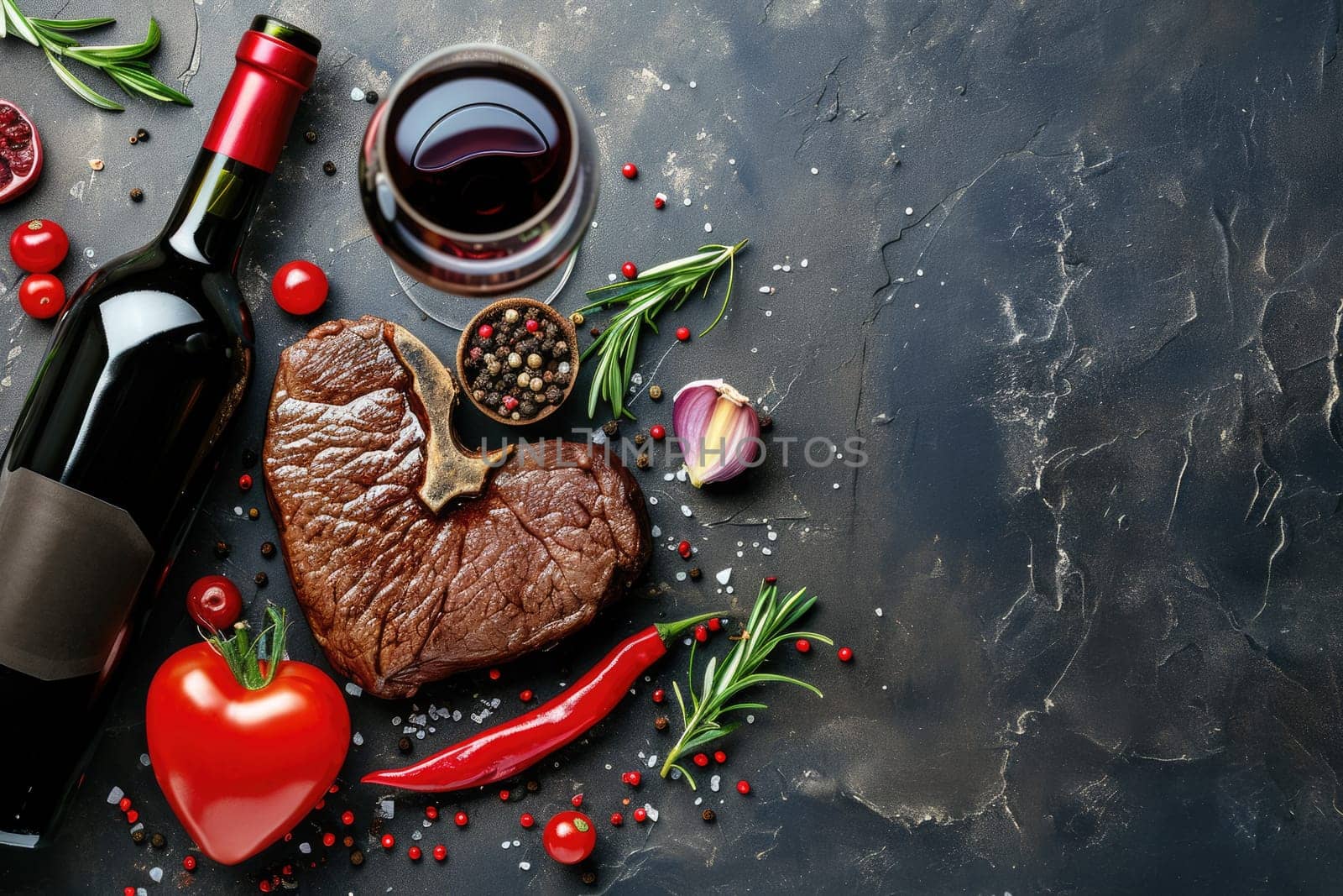 grilled beef steak for valentines day pragma in black background