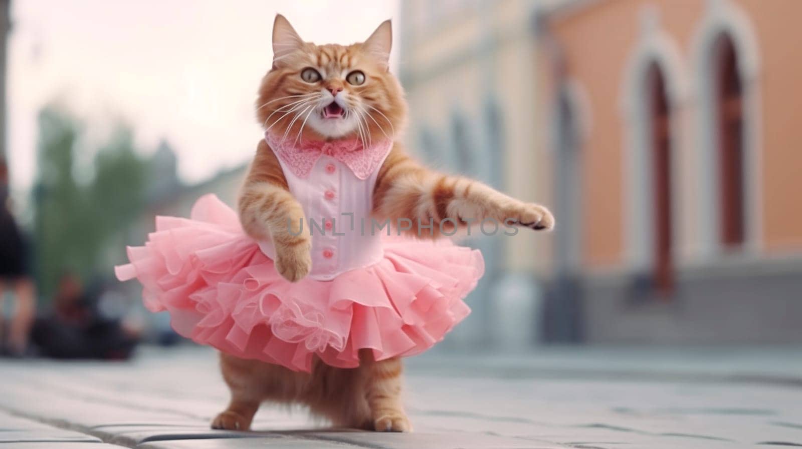 The cat is dancing in a pink dress. Selective focus. Animal.