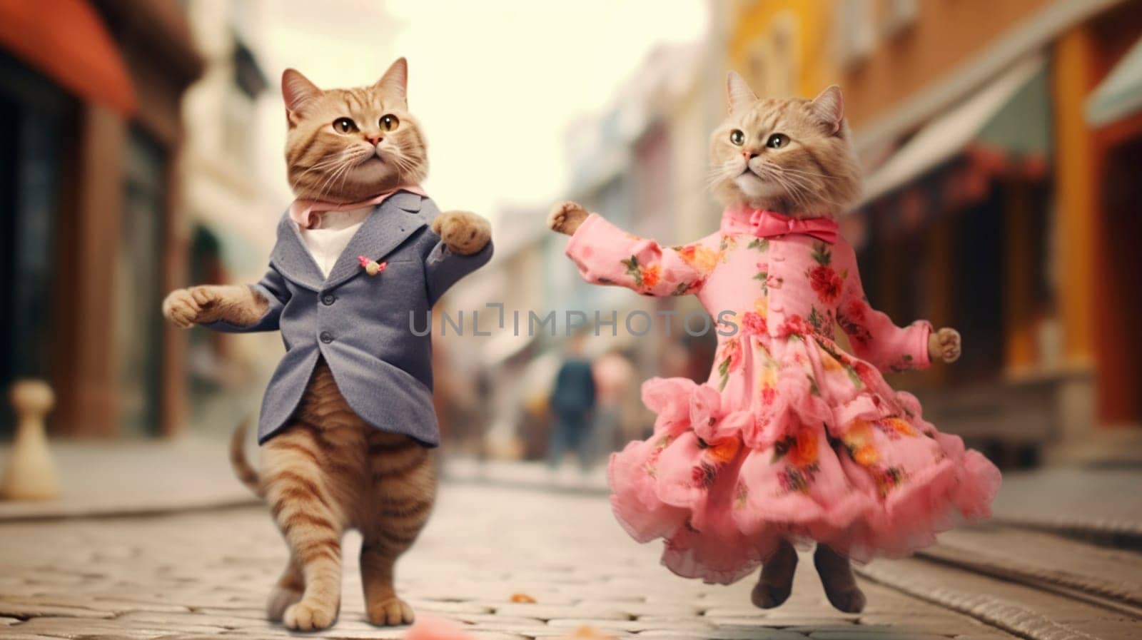 The cat is dancing in a pink dress. Selective focus. Animal.
