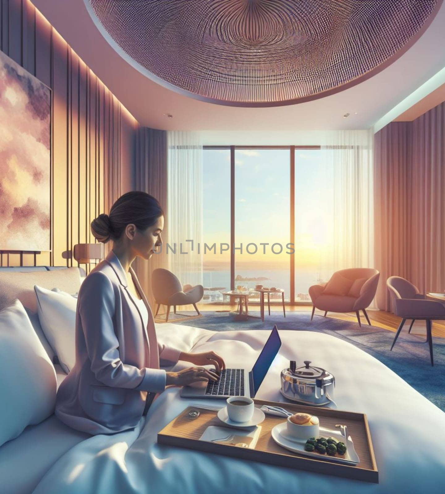 young boss manager trader woman remote work laptop luxury bedroom suite early morning panorama by verbano