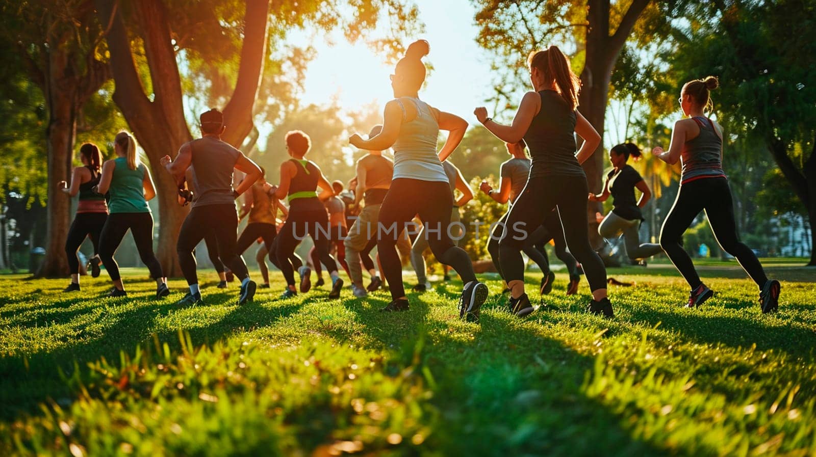 People doing fitness in the park. Selective focus. by yanadjana