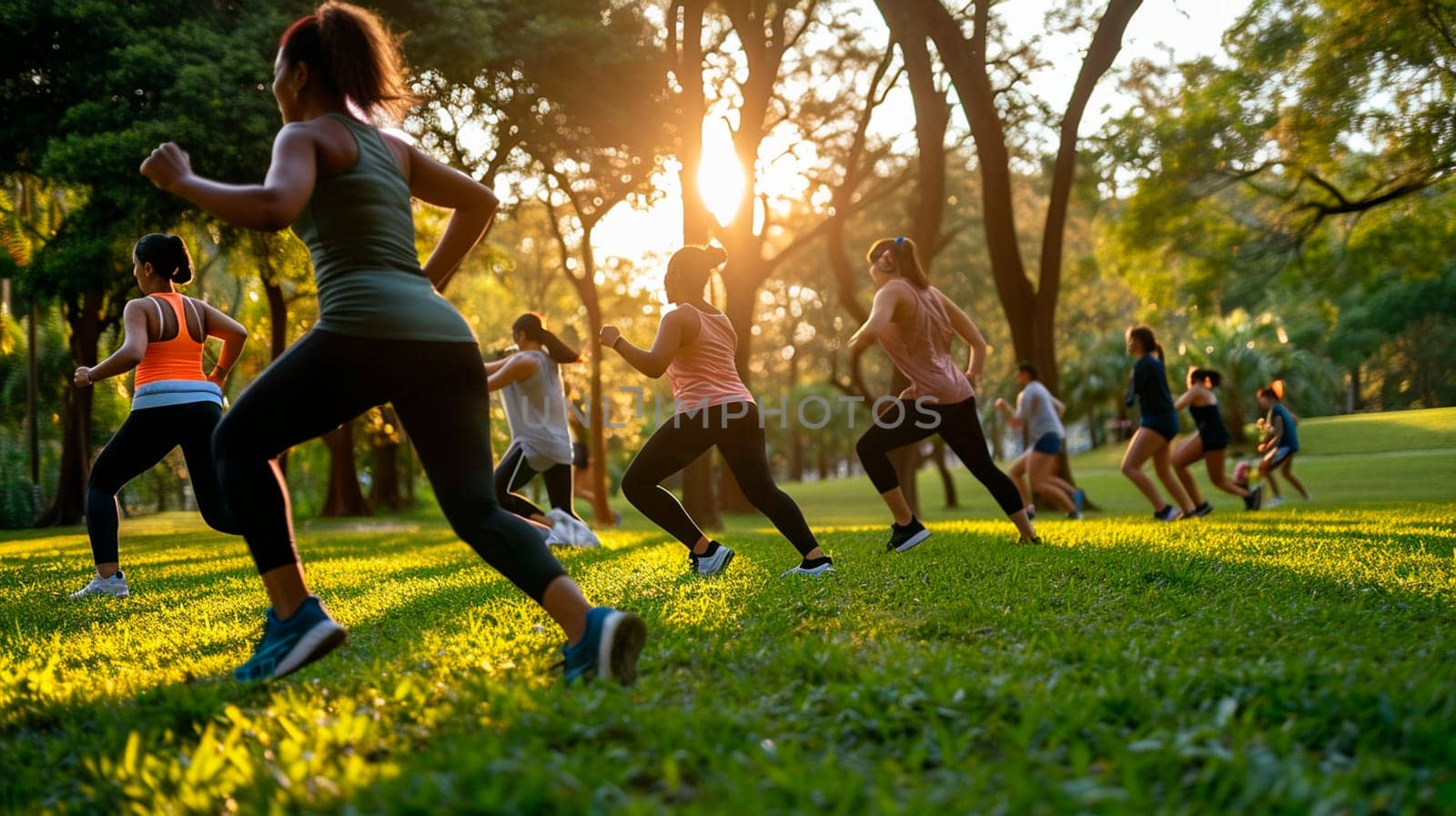 People doing fitness in the park. Selective focus. by yanadjana