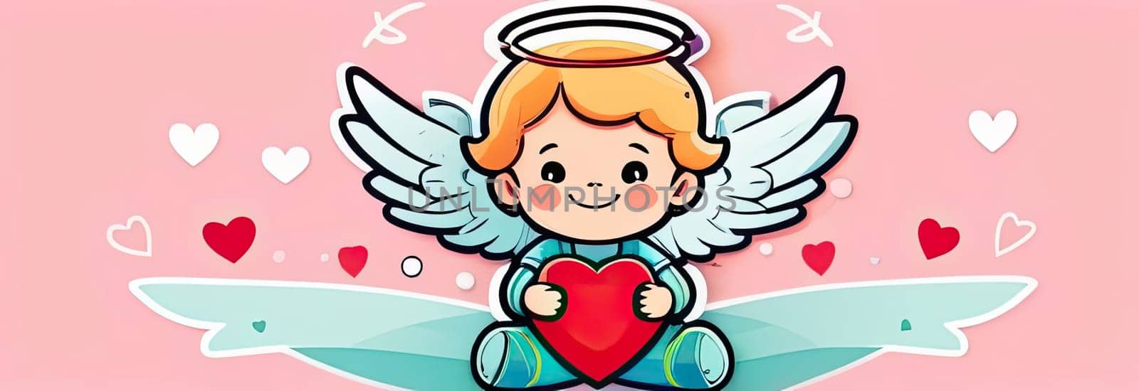 Illustration of greeting card white, cute, funny baby cupid angel with gold curly hair on pastel colors background. Promotion, shopping template for love and valentines, mothers day concept. Flat lay