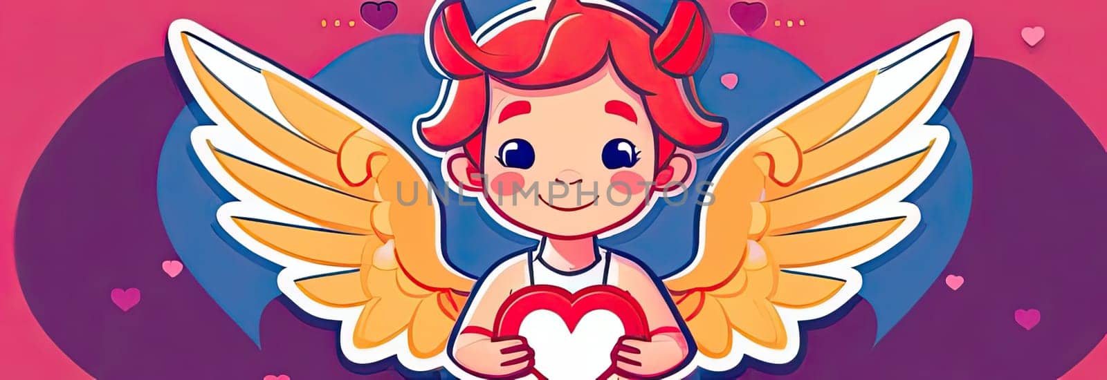 Illustration of greeting card white, cute, funny baby cupid angel with gold curly hair on pastel colors background. Promotion, shopping template for love and valentines, mothers day concept. Flat lay. by Angelsmoon