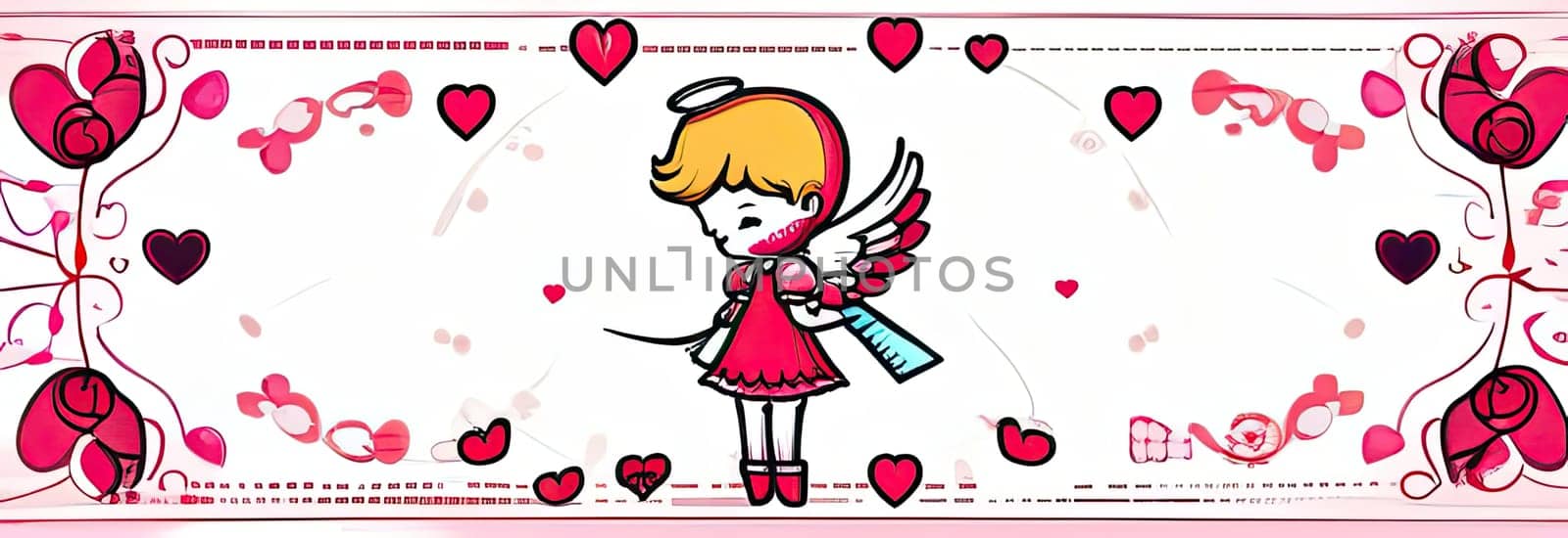 Illustration of greeting card white, cute, funny baby cupid angel with gold curly hair on pastel colors background. Promotion, shopping template for love and valentines, mothers day concept. Flat lay. by Angelsmoon